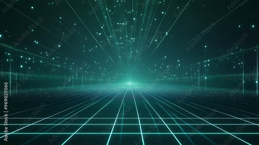 Futuristic digital landscape with glowing lines and stars, creating a sci-fi atmosphere and a sense of depth and space.