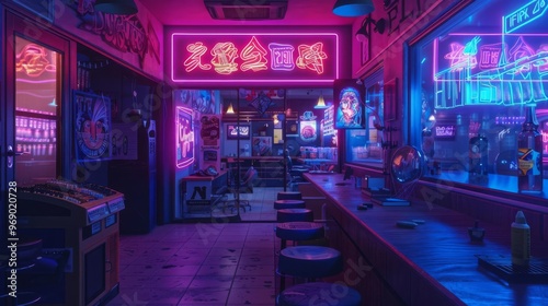 Neon tattoo parlor, cyberpunk aesthetics, vibrant signs, glowing windows, vivid colors, futuristic vibe, detailed interior, moody atmosphere, neon glow