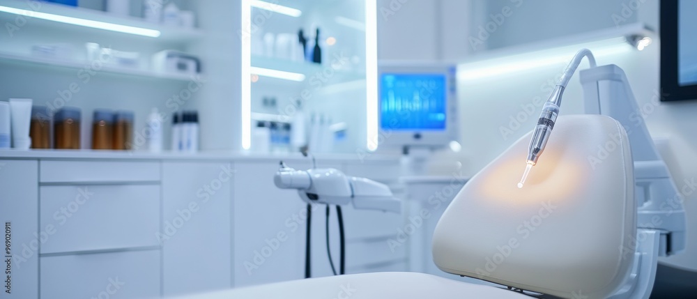 A white chair with a light on it sits in a room with a computer monitor A white chair with a light on it sits in a room with a computer monitor