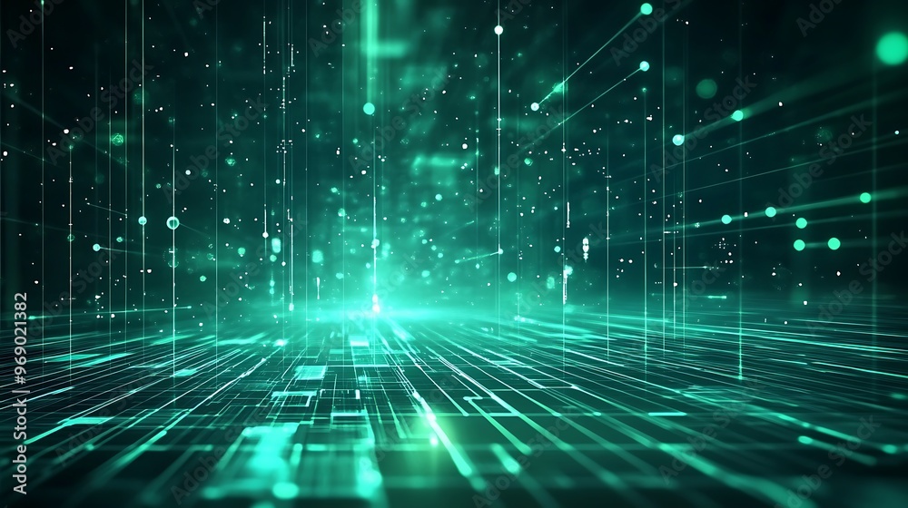 Futuristic digital landscape with green glowing lines and particles, representing data flow and technology advancements. Futuristic digital landscape with green glowing lines and particles, representing data flow and technology advancements.