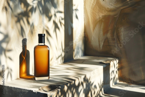 Sun-kissed bottle casting artistic shadows. A perfect blend of light photo