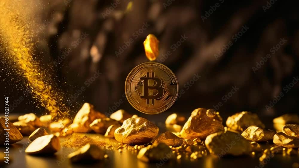 A single Bitcoin coin levitating above a bed of gold nuggets with glowing dust particles around it.