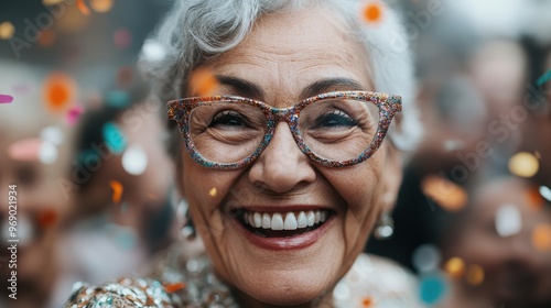 An elderly woman with glittery glasses and gray hair, smiling radiantly amidst falling confetti, celebrating jubilantly and capturing the essence of joy and festivity. photo