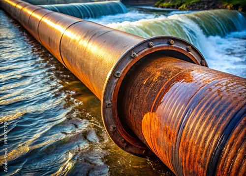 "Dense black steel pipe with rust-colored patina, coiled at a 45-degree angle, conveying water flow and industrial usage."