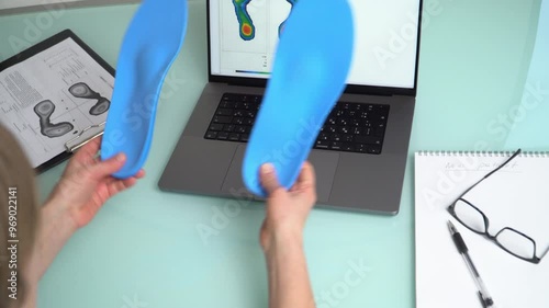 Female doctor orthopedist  inspecting custom made insoles in a clinic in front of the laptop with a test feet picture.