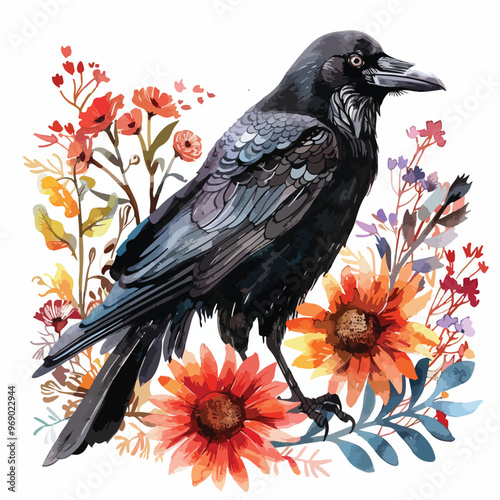 Hand-drawn Watercolor Crow Floral Illustration Isolated