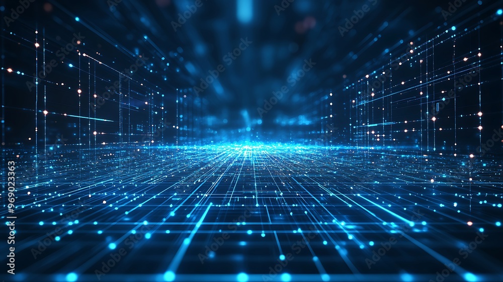 Futuristic technology landscape with glowing lines and particles, ideal for depicting data flow and digital innovation. Futuristic technology landscape with glowing lines and particles, ideal for depicting data flow and digital innovation.