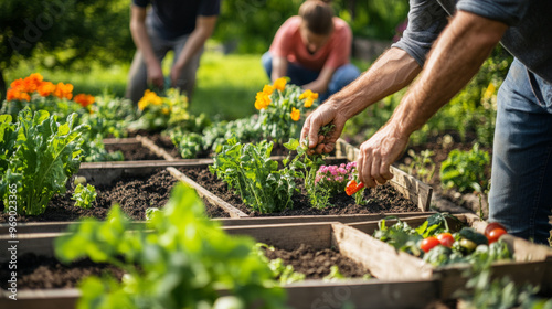 Community garden project promoting sustainability, volunteers planting vegetables and flowers in raised beds