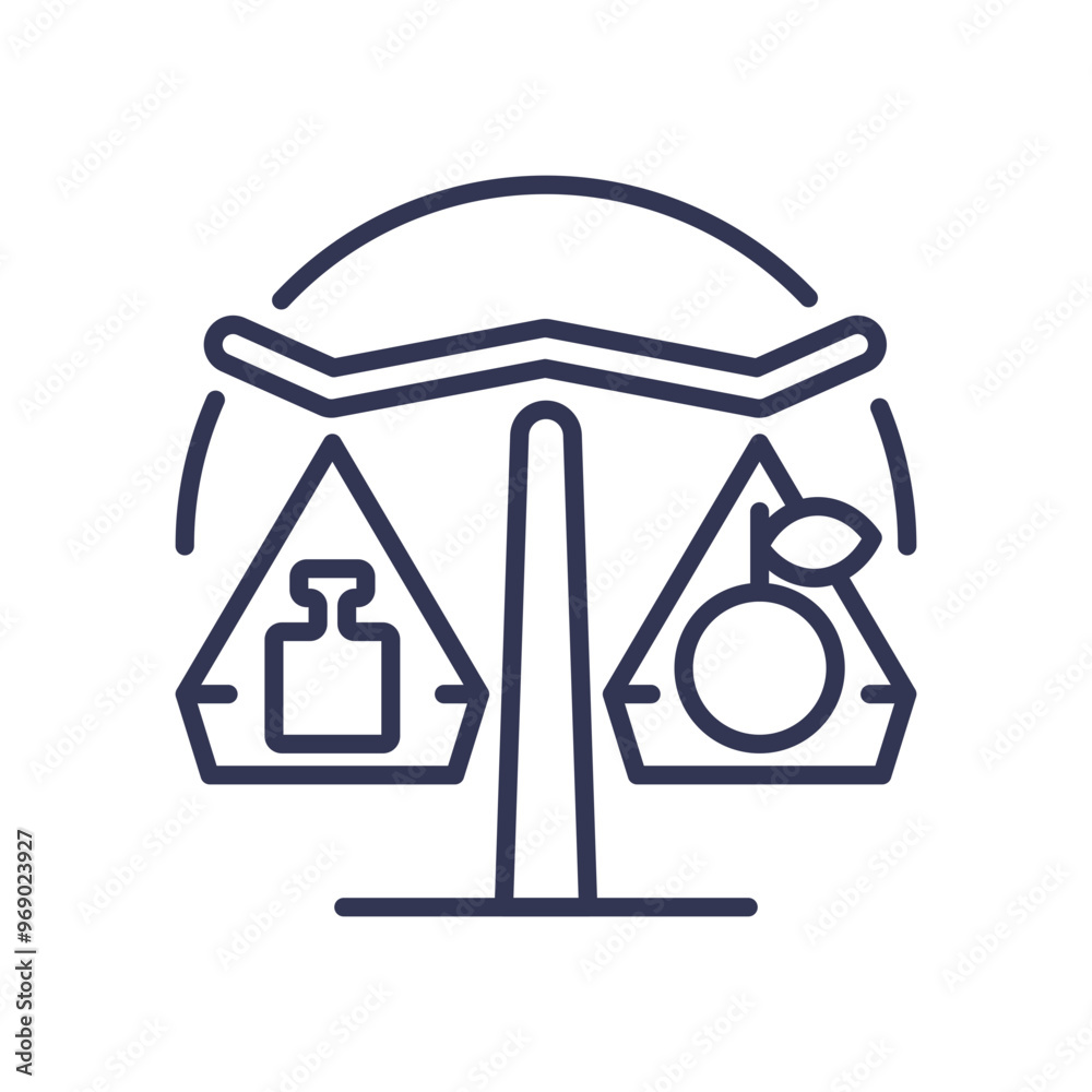 A balanced scale with a weight and a fruit symbolizing the balance between diet and weight management. A balanced scale with a weight and a fruit symbolizing the balance between diet and weight management.