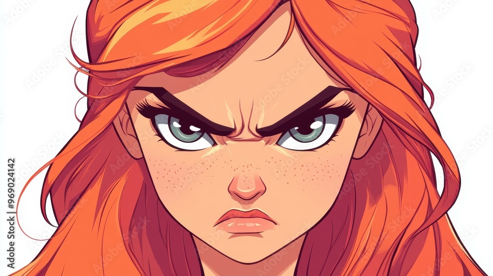 A vibrant D emoticon features a cartoon woman with striking red hair, showcasing an angry expression with clarity. A vibrant D emoticon features a cartoon woman with striking red hair, showcasing an angry expression with clarity.