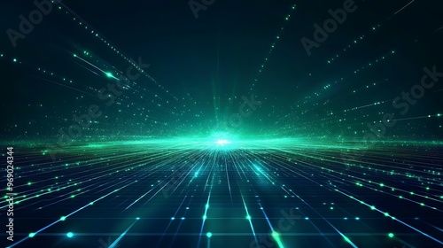 Stunning abstract light pattern with bright beams radiating from a central point, creating a futuristic digital atmosphere.