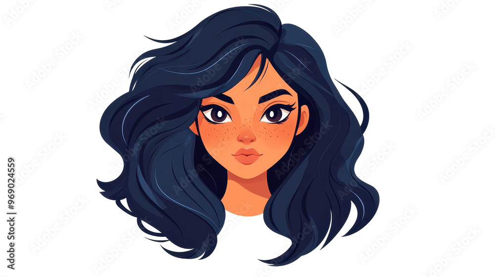 A captivating female with dark skin showcases her beauty through stylish brunette bangs and wavy hair in this portrait. A captivating female with dark skin showcases her beauty through stylish brunette bangs and wavy hair in this portrait.