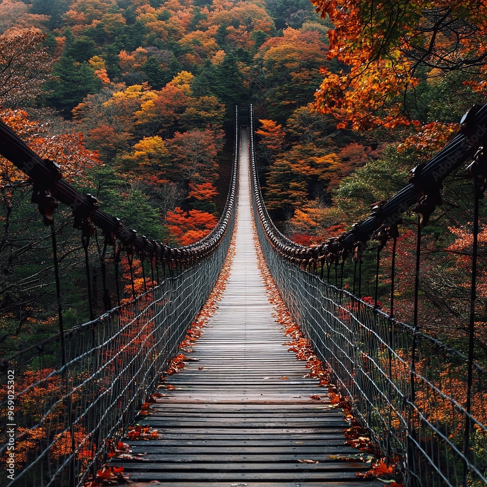 Fototapeta premium Suspension bridge in a valley with autumn leaves (Tochigi, Japan)