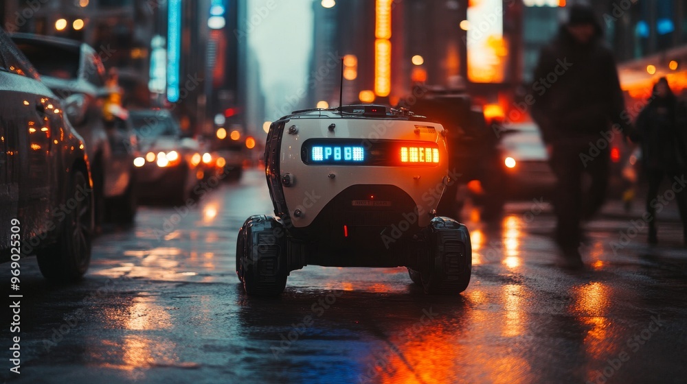 Autonomous AI-guided patrol bots monitoring public safety in urban areas: Robots patrolling city streets, scanning for security threats and reporting them in real-time.