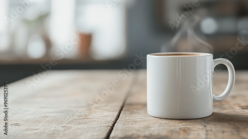 A simple white coffee mug sits on a wooden table, gently lit by soft, diffused light, representing calmness and minimalism, creating a serene setting for reflective moments.