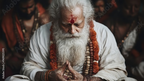 An elderly figure with a long white beard meditates with eyes closed and hands together, adorned with beads and earthy tones, reflecting wisdom, peace, and spiritual reverence.