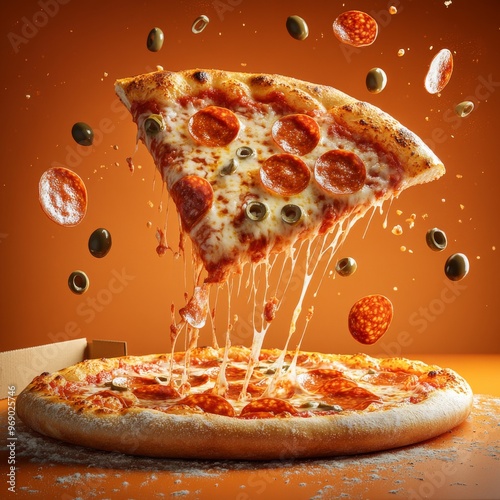 240807 33. An epic stylized advertise photo of pepperoni pizza bursting energetically from a pizza box, along with olive slices floating up, set against a rustic orange background photo