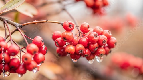 Bright red berries with raindrops, close-up nature photography, autumn mood, copy space