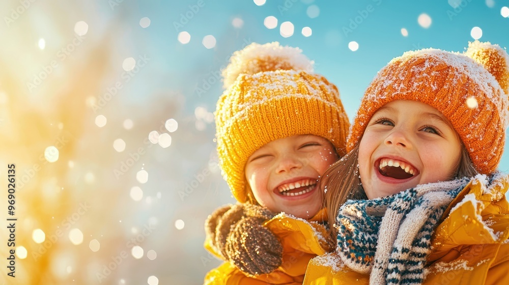 Joyful Thanksgiving Football Game in Snow with Kids and Pets in Cozy Scarves and Mittens, Copy Space for Text Joyful Thanksgiving Football Game in Snow with Kids and Pets in Cozy Scarves and Mittens, Copy Space for Text
