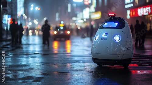 Autonomous AI-guided patrol robots monitoring city streets for safety: Robots moving through public areas, detecting hazards and offering assistance in real-time.