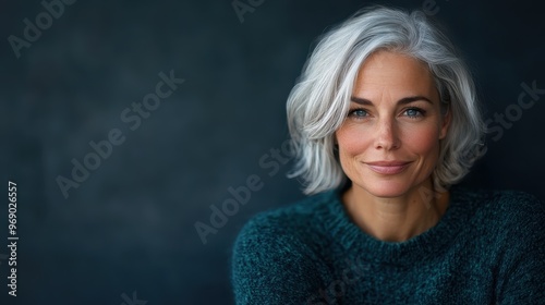 A striking portrait of a smiling woman with gray hair wearing a blue sweater against a dark background, showcasing confidence and beauty of aging gracefully.