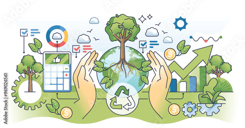 Green accounting and corporate business sustainability outline hands concept. Environmental impact costs calculation for reduced carbon emissions and nature friendly development vector illustration.