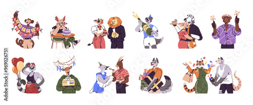 Happy animals celebrate Birthday at party set. Different anthropomorphic characters rejoice at bday gifts. Cute friends congratulate, have fun. Flat isolated vector illustrations on white background