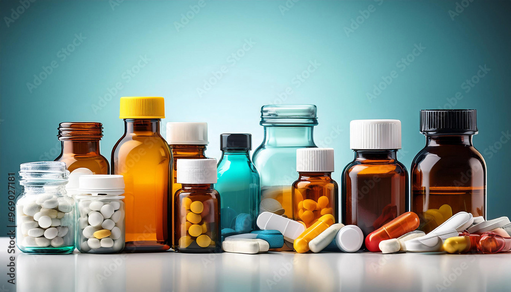 Medicine Bottles and Pills, Representing Pharmaceuticals and Healing Medicine Bottles and Pills, Representing Pharmaceuticals and Healing