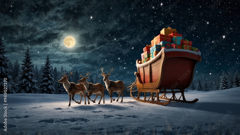 Santa’s sleigh loaded with presents, flying through a winter sky with stars twinkling and a bright moon overhead. Santa’s sleigh loaded with presents, flying through a winter sky with stars twinkling and a bright moon overhead.