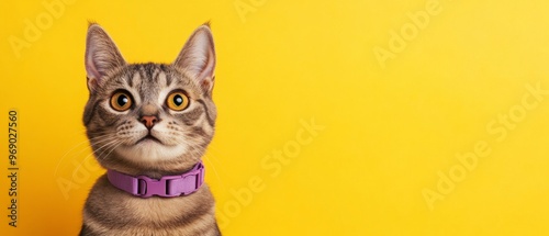 A cat wearing a purple collar is staring at the camera