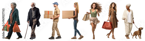 Diverse people carrying various items png cut out element set