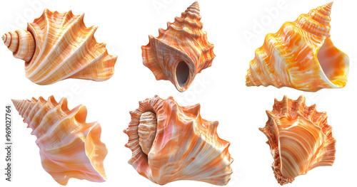 Sea shell set isolated on transparent background. Various types of sea shells for decoration and marine collections. photo