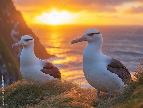 Two majestic albatrosses perched on a cliff, overlooking a picturesque sunset by the ocean with golden hues in the sky.