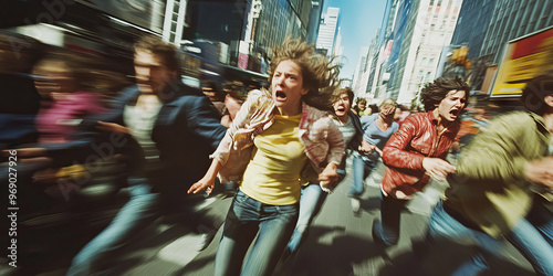 The Fleeing Frenzy: Panicked group of people hurriedly running through a bustling cityscape.