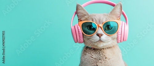 A cat wearing sunglasses and headphones is sitting on a green background