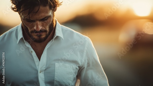 A person dressed in a white shirt runs with determination, illuminated by the golden hues of a sunset in the background, capturing a moment of focus and commitment in motion. photo