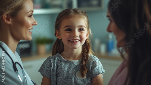 Nurse engages warmly with a little girl and her mother in a healthcare setting during a routine check-up, fostering a comforting atmosphere