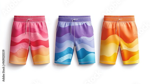 A vibrant set of three men’s swim trunks featuring colorful wave patterns perfect for summer beach days or poolside lounging photo