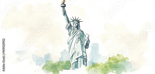 A beautiful watercolor illustration of the Statue of Liberty, symbolizing freedom and democracy in the heart of New York City.