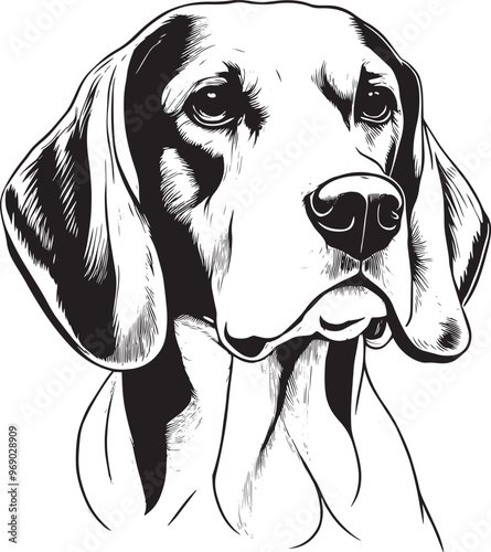 Beagle Dog Vector Silhouette Contour, Line Drawing Sketch Illustration, Purebred Pet
