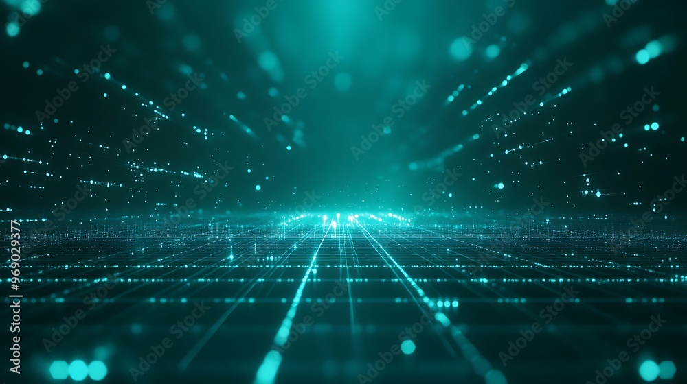 Fototapeta premium Vibrant digital landscape with glowing particles and lines, representing futuristic technology and data visualization.