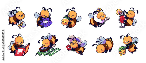 Set of cute cartoon bees. Funny honeybees flying with flower, read book. Happy baby bumblebee has fun. Amusing striped insect with jar of honey. Flat isolated vector illustrations on white background