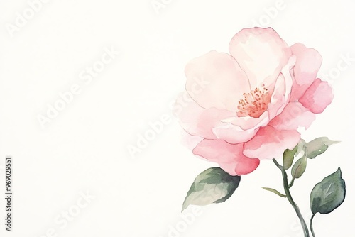 A delicate watercolor painting of a pink flower with soft petals and green leaves, perfect for decor and design projects.