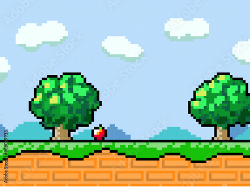 木と道とりんごが道に落ちているドット絵の背景　　RPGレトロゲーム風