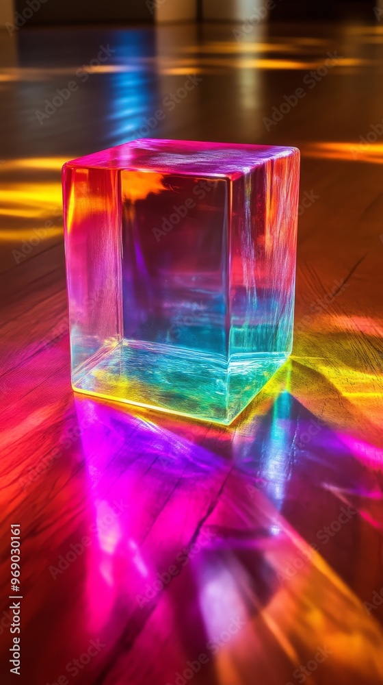 Glass cube with rainbow light reflections on wooden surface Glass cube with rainbow light reflections on wooden surface