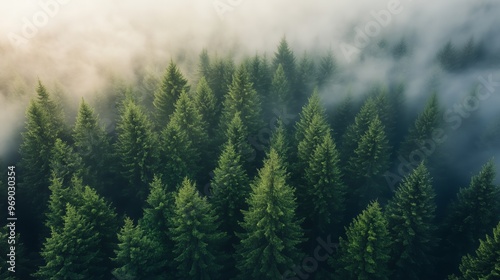 Aerial view of dense evergreen forest covered in mist.