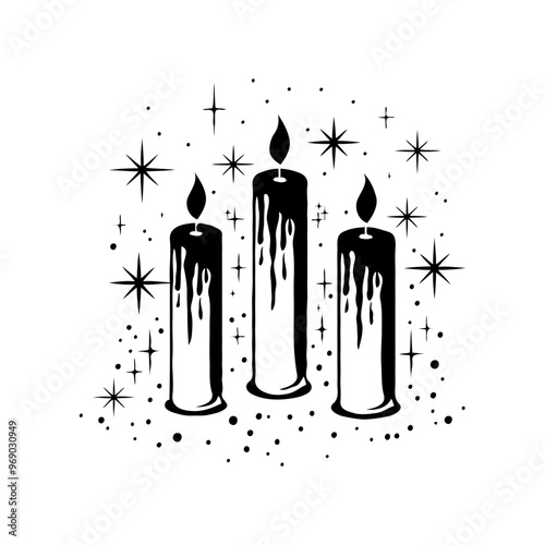 A silhouette of a Christmas Three candles with dripping wax and a starry background. Vector illustration