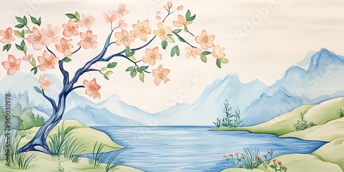 Wallpaper Mural A serene landscape featuring a blooming tree by a tranquil lake, surrounded by mountains and soft pastel colors. Torontodigital.ca