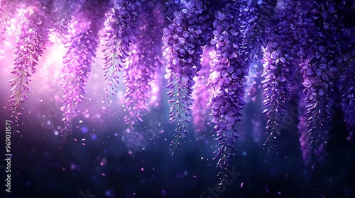 Semiabstract design of wisteria vines dripping glowing purple flowers that dissolve into swirling patterns symbolizing beauty and tranquility