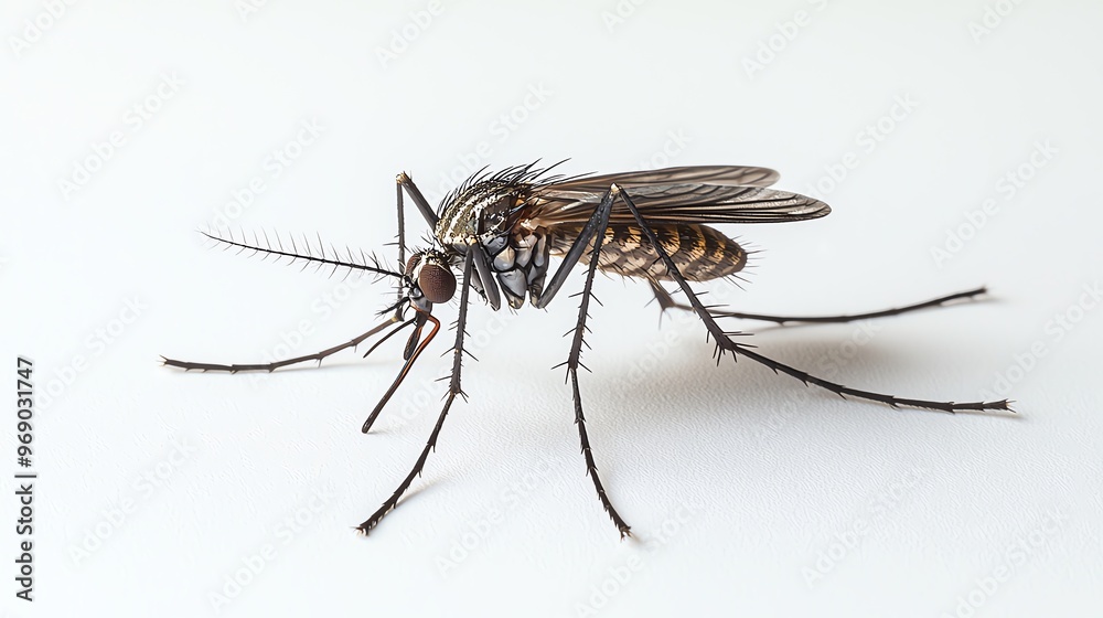 Close-up image of a mosquito on a white background, showcasing its intricate details and delicate wings in sharp focus. Close-up image of a mosquito on a white background, showcasing its intricate details and delicate wings in sharp focus.